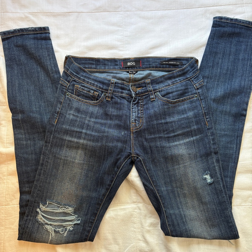 BDG Denim Skinny Jeans Deconstructed Medium Rise 26 Waist 34 inseam TALL
